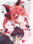  1girl :o ahoge animal_ear_fluff animal_ears black_bow black_choker black_dress blunt_bangs blush bow braid cat_ears cherry cherry_earrings cherry_hair_ornament choker commentary_request corset dress earrings extra_ears fangs food food-themed_earrings food-themed_hair_ornament from_side fruit hair_bow hair_ornament heart heart_hair_ornament jewelry kaenbyou_rin long_hair looking_at_viewer multiple_hair_bows off-shoulder_dress off_shoulder open_mouth pointy_ears raspberry red_bow red_eyes red_hair short_sleeves signature single_bare_shoulder skin_fangs solo touhou toutenkou twin_braids twitter_username upper_body watermark white_corset x_hair_ornament 