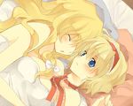  alice_margatroid bed bed_sheet blonde_hair blue_eyes blush closed_eyes hairband hug kirisame_marisa kurot long_hair lying multiple_girls naked_sheet nude pillow ribbon short_hair touhou yuri 