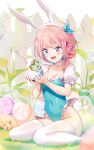  1girl :d animal_ears blue_hair blue_leotard blush breasts cleavage collarbone commentary_request dinosaur egg eggshell fake_animal_ears fence frilled_leotard frills hair_ornament hairband highres holding holding_egg leotard medium_breasts multicolored_hair on_grass original pink_hair puffy_short_sleeves puffy_sleeves purple_eyes rabbit_ears rabbit_hair_ornament rabbit_tail rimuu short_sleeves sitting smile solo tail thighhighs two-tone_hair wariza white_background white_hairband white_thighhighs 