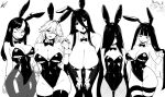  2channel 5girls absurdres alexandrina_sebastiane animal_ears bags_under_eyes bare_shoulders black_hair blunt_bangs borrowed_character bow bowtie breasts cleavage closed_mouth colored_inner_hair covered_navel detached_collar dress fake_animal_ears fake_tail ghost_girl glasgow_smile hair_between_eyes hair_over_one_eye hasshaku-sama height_difference highleg highleg_leotard highres huge_breasts jaggy_lines large_breasts leotard long_fingers long_hair long_hair_between_eyes looking_at_viewer lughost monochrome multicolored_hair multiple_girls noss_&amp;_zakuro noss_(rariatto) open_mouth original panty_&amp;_stocking_with_garterbelt pantyhose playboy_bunny purple_bow purple_bowtie purple_leotard rabbit_ears rabbit_tail simple_background size_difference smile stocking_(psg) strapless strapless_leotard streaked_hair striped_clothes striped_leggings striped_thighhighs tail tall_female the_ring thighband_pantyhose thighhighs traditional_bowtie two-tone_hair vampire very_long_hair wavy_mouth white_hair wrist_cuffs yamamura_sadako zenless_zone_zero 