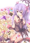  angel_mort bad_id bad_pixiv_id blue_eyes candy choker cream_puff daakurei detached_sleeves food fruit hanyuu higurashi_no_naku_koro_ni horns long_hair pastry purple_hair ribbon sitting solo thighhighs twintails 