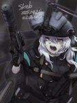  1girl absurdres b&amp;t_mp9 blood blood_on_face combat_helmet commission cropped dated didloaded ear_protection gun halo helmet highres long_hair magazine_(weapon) night_vision_device open_mouth original purple_eyes reloading sample_watermark skeb_commission solo submachine_gun suppressor tactical_clothes teeth twitter_username upper_body watermark weapon white_hair 