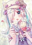  1girl blue_eyes blue_hair blush cabbie_hat earrings food hair_ornament hair_over_one_eye hat heart heart_hair_ornament highres himegamik holding holding_food holding_spoon ice_cream ice_cream_cone ilu_fluor jewelry long_hair looking_at_viewer multicolored_hair nail_polish open_mouth re:act smile solo spoon twintails upper_body white_hair 