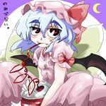  bat_wings blue_hair drinking_straw face hat naui_kudan red_eyes remilia_scarlet short_hair solo touhou wings 