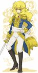  androgynous blonde_hair blue_eyes boots long_hair oscar_francois_de_jarjayes reverse_trap solo sword versailles_no_bara weapon yukke 