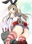  :d aki_(akikaze_asparagus) ass black_panties blonde_hair boots brown_eyes cameltoe elbow_gloves gloves hairband innertube kantai_collection long_hair looking_at_viewer looking_back open_mouth panties rensouhou-chan shimakaze_(kantai_collection) skirt smile solo striped striped_legwear thighhighs translated underwear white_gloves 