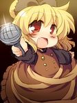  blonde_hair blush bow chibi dress fang hair_bow hair_ribbon kurodani_yamame long_sleeves matatabi_(nigatsu) open_mouth red_eyes ribbon short_hair smile solo touhou 