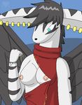  blue_eyes breasts demon ear_piercing female fur hair latiken nipples piercing sakido_elexion slightly_damned solo wardrobe_malfunction white_fur wings 