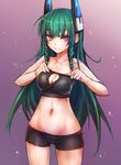  bare_shoulders bike_shorts blush braid breasts cleavage cleavage_cutout green_hair headgear highres long_hair looking_at_viewer medium_breasts menou_kaname midriff navel original purple_eyes short_shorts shorts smile solo taishi_(picchiridou) twin_braids 