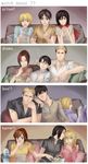  6+girls annie_leonhardt armin_arlert bertolt_hoover chicken_(food) chips christa_renz comic_sans eating eren_yeager erwin_smith food food_theft freckles hange_zoe highres levi_(shingeki_no_kyojin) mikasa_ackerman multiple_boys multiple_girls popcorn potato_chips reiner_braun sasha_braus shingeki_no_kyojin veggiestudio watching_television ymir_(shingeki_no_kyojin) yuri 