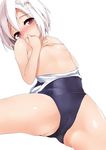  animal_ears blush cameltoe flat_chest inubashiri_momiji looking_at_viewer nipples off_shoulder one-piece_swimsuit red_eyes school_swimsuit short_hair simple_background solo swimsuit tera_zip touhou white_background white_hair wolf_ears 