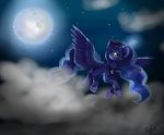  blue_fur blue_hair cloud clouds collar equine feathers female feral friendship_is_magic fur hair horn horse long_hair magic magic_user mammal moon my_little_pony night outside pony princess_luna_(mlp) royalty scythegirl signature sky solo stars tiara winged_unicorn wings 