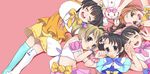  :3 ahoge akagi_miria blonde_hair blush bow bunny candy capelet circle_formation closed_eyes detached_sleeves food fukuyama_mai grey_eyes hair_bobbles hair_ornament heart holding_hands idolmaster idolmaster_cinderella_girls lollipop merue multiple_girls navel open_mouth orange_hair puffy_sleeves ryuuzaki_kaoru sasaki_chie short_hair short_sleeves side_ponytail skirt sleeveless star stuffed_animal stuffed_toy thighhighs twintails v white_legwear yellow_eyes yokoyama_chika 