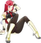  1girl applepieyui arc_system_works blazblue blazblue:_continuum_shift blue_eyes blush breasts hair_tubes hat hat_removed headwear_removed holding_head long_hair military military_uniform panties panties_under_pantyhose pantyhose red_hair sitting tsubaki_yayoi underwear uniform wince 