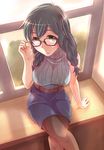  adjusting_eyewear arm_support bare_shoulders belt black_hair braid breasts buckle e20 fashion glasses green_eyes hair_over_shoulder houzumi_kaede large_breasts long_hair original pantyhose ribbed_sweater sitting skirt sleeveless sleeveless_turtleneck smile solo sweater turtleneck twin_braids window windowsill 