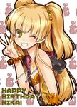  bad_id bad_pixiv_id beetle blonde_hair blush breasts bug character_name cleavage green_eyes grin happy_birthday idolmaster idolmaster_cinderella_girls insect jougasaki_rika long_hair one_eye_closed paopao sleeveless small_breasts smile solo two_side_up v very_long_hair 