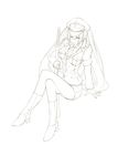  absurdres armband breasts hat highres kagerou_(shadowmage) katana large_breasts legs lineart long_hair military military_uniform monochrome original peaked_cap sitting solo sword twintails uniform weapon 