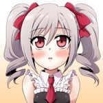  blush bow drill_hair frills hair_bow idolmaster idolmaster_cinderella_girls kanzaki_ranko necktie one_eye_closed open_mouth silver_hair sleeveless twintails uraichishi 