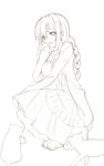  absurdres apron braid cat dress hand_on_own_face highres kagerou_(shadowmage) lineart long_hair monochrome original smile solo 