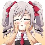  blush bow closed_eyes drill_hair frills hair_bow hands hands_on_another's_cheeks hands_on_another's_face idolmaster idolmaster_cinderella_girls kanzaki_ranko necktie open_mouth silver_hair sleeveless twintails uraichishi 