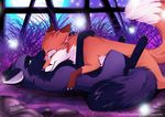  ambiguous_gender canine cuddling cute eyes_closed feral firefly fox fur licking lying mammal on_back outside purple_fur rukifox tongue 
