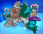  4_toes abs after_sex anthro balls biceps big_muscles claws cum cum_in_pussy cum_inside cum_on_penis cum_pool darius_koopa_(character) erection eyewear feline fur gay genital_piercing glasses hair herm hindpaw horn intersex koopa lion male maleherm mammal mario_bros modem_redpill muscles nintendo nipples nude open_mouth paws pecs penis piercing plantigrade pussy scales scalie sex soles toe_claws toes vaginal video_games willion 