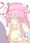  1girl blush breasts censored expressionless fellatio hata_no_kokoro hetero kusano_(torisukerabasu) large_breasts long_hair long_sleeves looking_at_viewer mask nipples noh_mask off_shoulder open_clothes open_shirt oral paizuri penis pink_eyes pink_hair shirt sketch touhou 