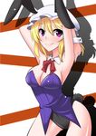  areola_slip areolae arms_behind_back blonde_hair blush bow bowtie breasts bunny_tail bunnysuit cleavage detached_collar hat leotard maribel_hearn medium_breasts mizuno_asami purple_eyes shadow short_hair smile solo tail touhou wrist_cuffs 