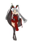  boots colorized grey_hair hair_tubes highres kokonoo_no_ginkou long_hair looking_at_viewer one_eye_closed original red_eyes skirt smile solo thigh_boots thighhighs weapon 