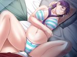  1boy 1girl armpits arms_up bed blue_eyes blush bow bow_panties bra breasts dominance empress_(studio) game_cg glasses highres indoors legs long_hair looking_at_viewer lying navel on_back panties pillow pov_eye_contact purple_hair sei_shoujo spread_legs striped striped_bra striped_panties thighs tomoko_loma_lewis twintails underwear 