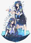  barefoot black_hair blue blue_eyes caustics flower hair_flower hair_ornament highres long_hair mam233 multiple_girls original partially_submerged petals school_uniform serafuku simple_background snail tears teruterubouzu umbrella umbrella_riding wading water white_background 