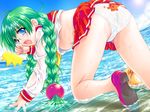  1girl adjusting_eyewear all_fours ass back-print_panties blue_eyes blush braid breasts coke-bottle_glasses fang galzoo_island glasses green_hair kotodama kuroda_akimi medium_breasts nipples no_socks panties print_panties school_uniform shoes solo twin_braids underwear water wet 