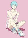  1boy blue_eyes blue_hair crossdressing kuroko_no_basuke kuroko_tetsuya male male_focus panties shoes sitting sneakers solo underwear 