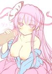  1girl blush breasts censored expressionless handjob hata_no_kokoro hetero kusano_(torisukerabasu) large_breasts long_hair long_sleeves looking_at_viewer mask nipples noh_mask off_shoulder open_clothes open_shirt penis pink_eyes pink_hair shirt sketch solo_focus touhou 