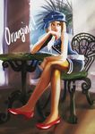  bad_id bad_pixiv_id bare_legs belt blonde_hair blue_eyes chair chin_rest crossed_legs hat high_heels highres lipstick makeup orangina original pantyhose personification red_footwear shoes short_hair sitting smile solo table yoshitomi_hayato 