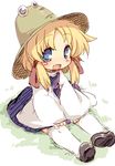  blonde_hair blue_eyes fang grass hair_ribbon hat long_sleeves matatabi_(nigatsu) moriya_suwako open_mouth purple_skirt ribbon shirt sitting sketch skirt smile solo thighhighs touhou white_legwear wide_sleeves younger zettai_ryouiki 