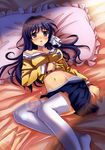  blush clannad frilled_pillow frills frown fujibayashi_kyou highres lens_flare long_hair lying midriff navel open_clothes open_mouth pillow purple_eyes purple_hair sardonyx shirt_lift thighhighs 