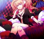  bad_id bad_pixiv_id black_bra blonde_hair blue_eyes bra breasts cleavage collarbone crossed_legs curtains danganronpa danganronpa_1 enoshima_junko fingernails from_below hair_ornament hair_ribbon hand_on_own_face kamio_an lips looking_at_viewer medium_breasts nail_polish necktie on_bed pillow plaid plaid_skirt pleated_skirt ribbon sidelocks sitting skirt sleeves_rolled_up smirk solo twintails underwear 