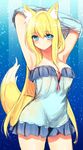  animal_ear_fluff animal_ears armpits arms_behind_head blonde_hair blue_background blue_eyes blush breasts chemise cleavage fox_ears fox_tail futaba_aoi large_breasts lingerie long_hair naomi_(sekai_no_hate_no_kissaten) original simple_background solo tail underwear undressing very_long_hair 