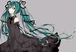  bad_id bad_pixiv_id detached_sleeves dress green_eyes green_hair hair_ribbon hatsune_miku highres inazumairebunndaisuki long_hair looking_at_viewer ribbon simple_background sleeves_past_wrists solo twintails very_long_hair vocaloid 