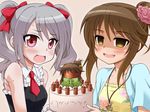  :d blush brown_eyes brown_hair cake candle collarbone empty_eyes fire flower food hair_flower hair_ornament idolmaster idolmaster_cinderella_girls jewelry kanzaki_ranko long_hair multiple_girls necklace necktie open_mouth pink_eyes shaded_face short_sleeves silver_hair sleeveless smile sweat takamori_aiko tears twintails uraichishi wavy_mouth 