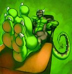  3_toes abs anthro bare_feet barefoot biceps big_muscles black_body black_dragon black_skin chair claws crossed_ankles crossed_legs dragon fangs foot_fetish foot_focus green_eyes green_skin green_theme hand_on_face hindpaw horn looking_at_viewer male markings modem_redpill muscles navel nude open_mouth paws pecs perspective plantigrade pose reptile scales scalie sitting smile socks_(marking) soles solo spikes table teasing tegon toe_claws toes two_tone_skin 