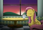  coffee cutie_mark equine evening eyes_closed feathers female feral fluttershy_(mlp) friendship_is_magic hair high-roller2108 horse long_hair my_little_pony pegasus pink_hair pony sitting smile solo sunset table window wings yellow_fur 