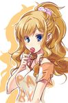  bad_id bad_pixiv_id blonde_hair blue_eyes blush candy collarbone food highres idolmaster idolmaster_cinderella_girls lollipop long_hair ootsuki_yui paopao ponytail shadow short_sleeves solo 