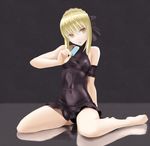  absurdres arm_behind_back arm_garter artoria_pendragon_(all) bare_legs barefoot black_swimsuit blonde_hair bow derivative_work fate/stay_night fate_(series) food full_body hair_bow head_tilt highres holding one-piece_swimsuit open_mouth popsicle reflection reflective_floor saber_alter short_hair simple_background sitting solo swimsuit taka_(takahirokun) wariza yellow_eyes 