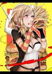  ayatoki-1 blonde_hair breasts cleavage eating food french_fries gloves hair_ornament hairclip hamburger highres ketchup md5_mismatch medium_breasts open_mouth original purple_eyes side_ponytail solo 