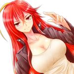  breasts cleavage dutch_angle highres large_breasts long_hair looking_at_viewer red_eyes red_hair rip-off_(manga) simple_background smile solo watarui white_hair 