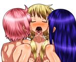  after_kiss blonde_hair blue_hair blush closed_eyes hand_on_breast highres hinata_yukari ichii_yui long_hair multiple_girls nonohara_yuzuko open_mouth pink_hair saliva saliva_trail short_hair sweat threediamond twintails yuri yuyushiki 