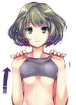  bad_id bad_pixiv_id bare_shoulders blue_eyes breasts green_eyes green_hair heterochromia idolmaster idolmaster_cinderella_girls looking_at_viewer medium_breasts mole mole_under_eye paopao parted_lips shirt_lift short_hair sleeveless solo takagaki_kaede underboob white_background 