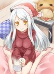  bad_id bad_pixiv_id barefoot blitzen blush blush_stickers cup eve_santaclaus hat highres idolmaster idolmaster_cinderella_girls long_hair long_sleeves mug open_mouth paopao pillow reindeer ribbed_sweater santa_hat silver_hair sitting smile solo sweater table turtleneck wariza yellow_eyes 